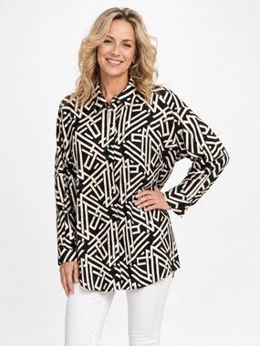 Karl Lagerfeld Paris Black Ivory Logo Print Button Front Shirt NWT